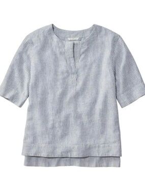 LL Bean Signature Linen Blend Striped Split Collar Blouse Blue White Coastal XS
